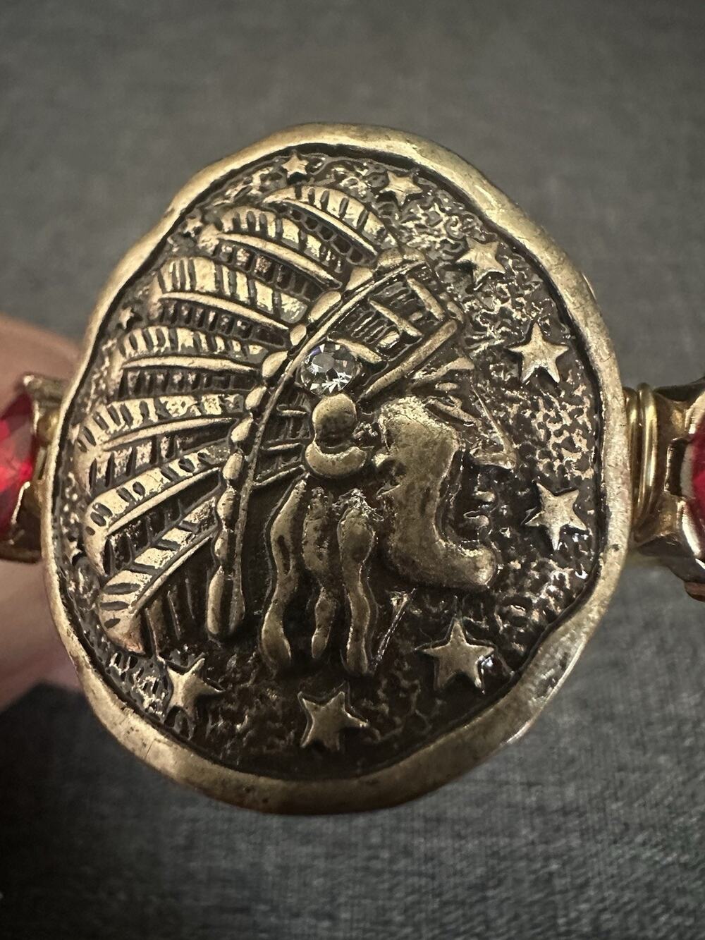 Bourbon & Boweties Indian Head Coin Bangle Bracelet Red Crystal Gold Tone
